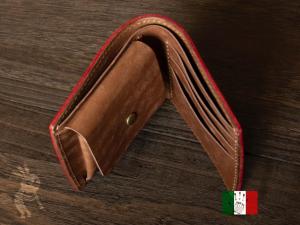 イタリアンレザー手縫い二つ折り財布　レッドxブラウン