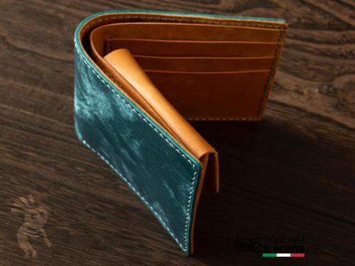 イタリアンレザー手縫い二つ折り財布　ブルーxキャメル