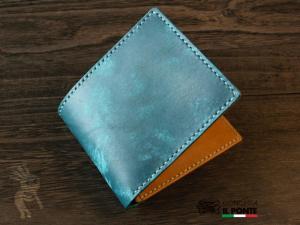 イタリアンレザー手縫い二つ折り財布　ブルーxキャメル
